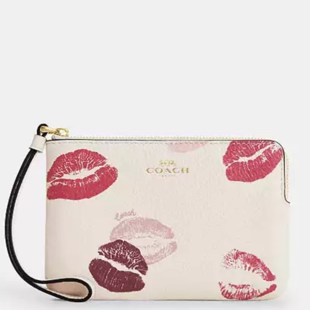 Coach Corner Zip Wristlet With Lips Print
